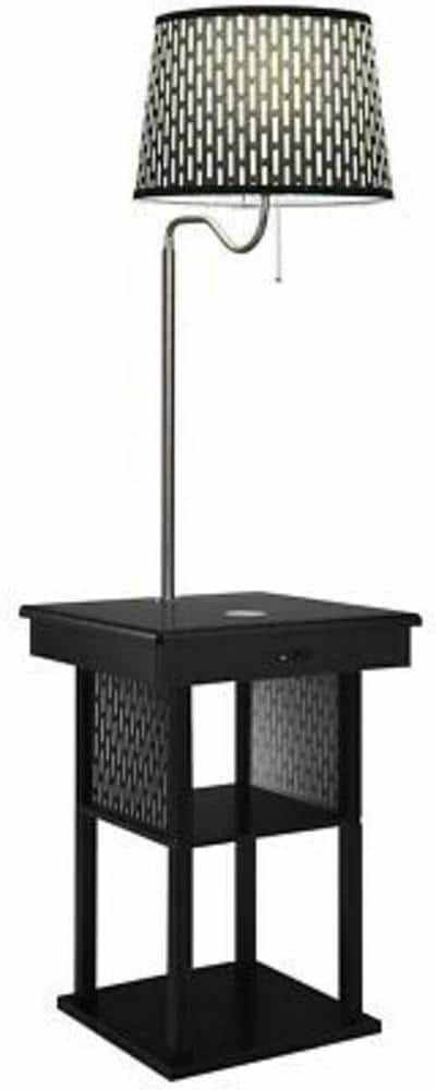 Brightech Madison 56 in. Classic Black Modern LED Bedside Table Lamp with Fabric Drum Shade and Built-In Wireless Charging Pad