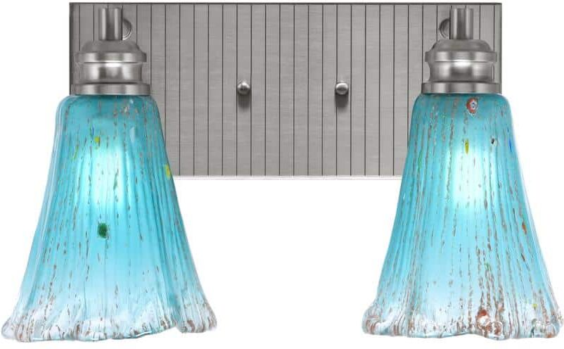 Lighting Theory Albany 15 in. 2-Light Brushed Nickel Vanity Light with Fluted Teal Crystal Glass Shades