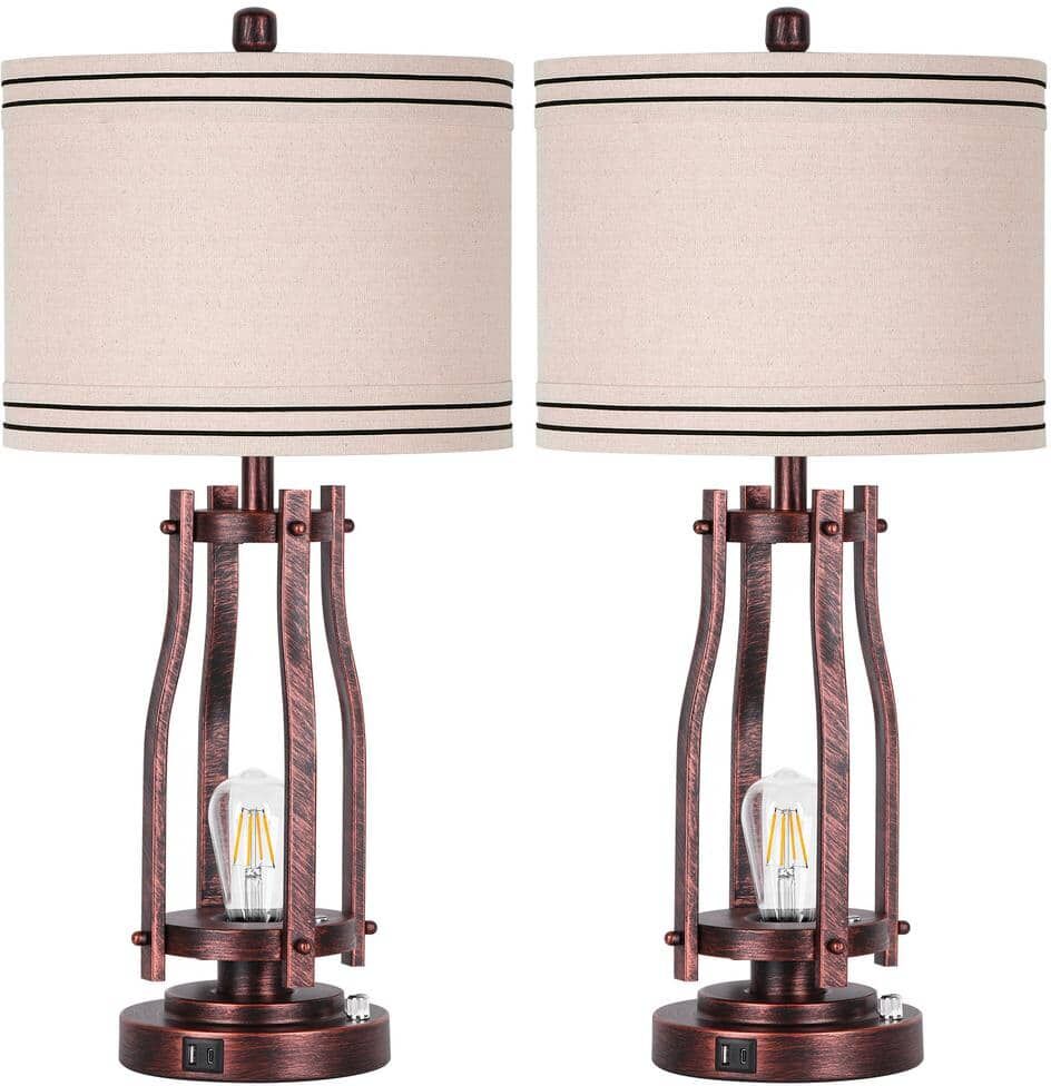 Myfoi 28 in. Tall Table Lamps (Set of 2) 2-Lights Bedside Nightstand Lamp with Shade Red Bronze