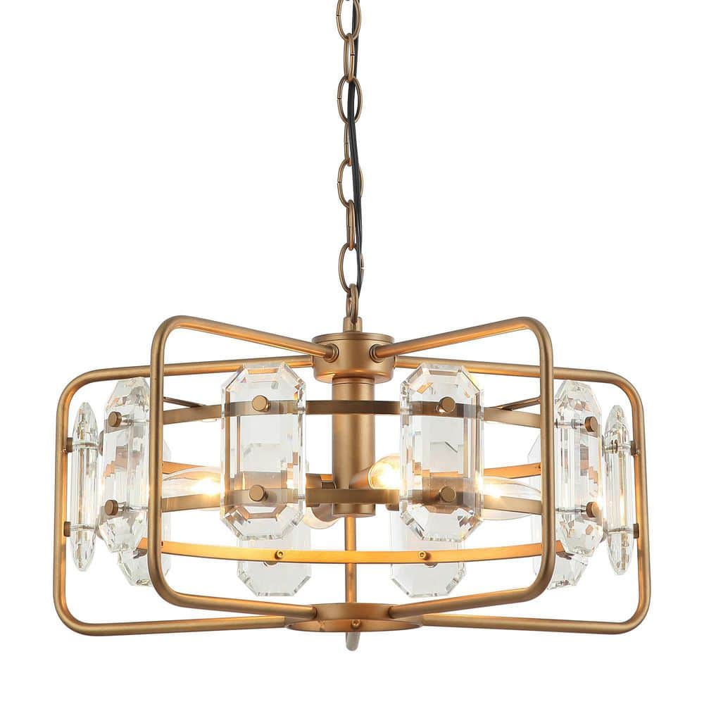 Flint GARDEN Modern 4-Light Gold Metal Cage Crystal Chandelier Round Hanging Pendant Light for Kitchen Dining Room