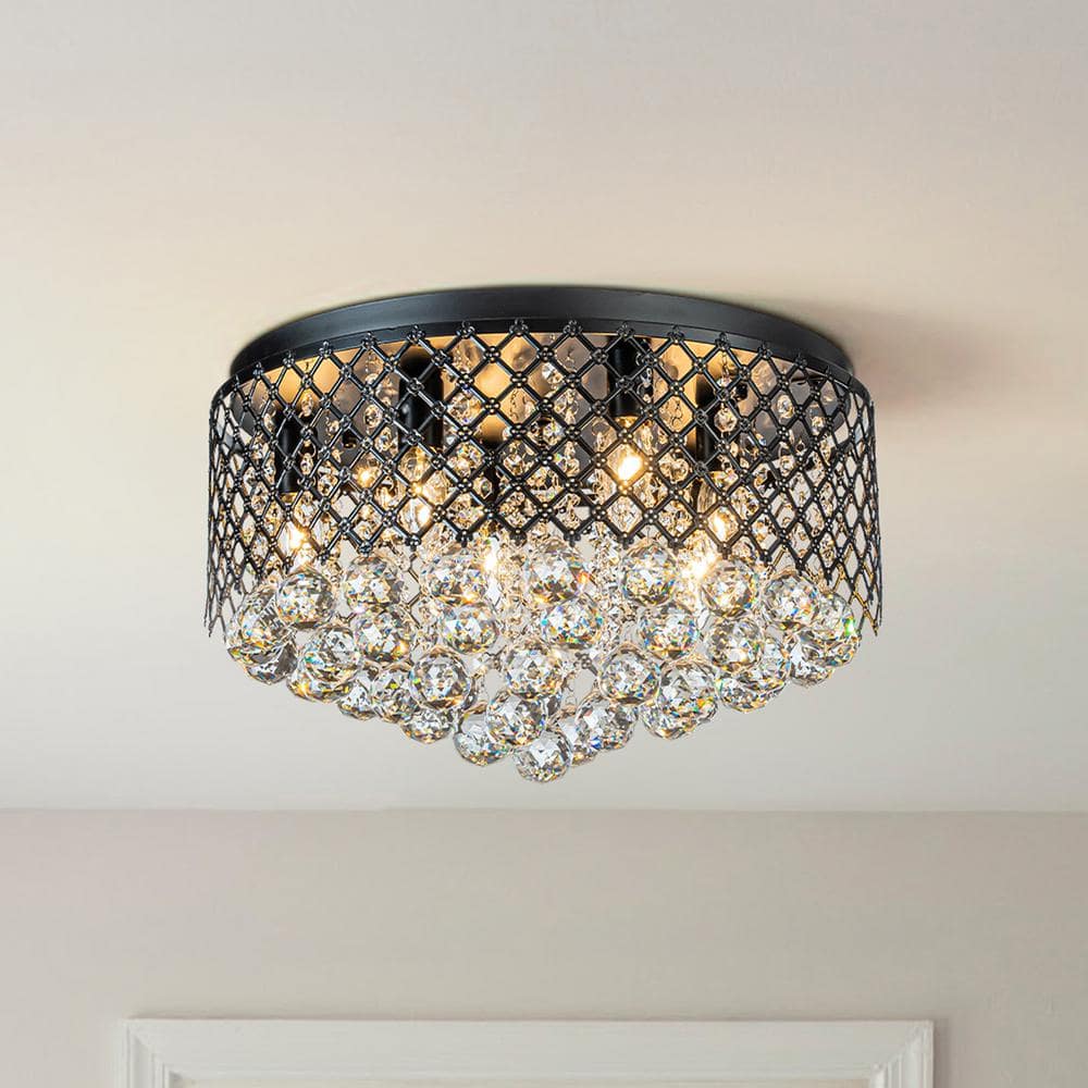 ALOA DECOR 6-Light 18 in. Classic Glam Matte Black Crystal Lattice Flush Mount Ceiling Light