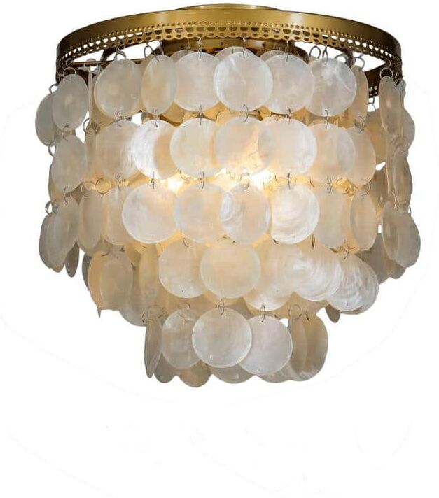 ALOA DECOR 13 in. 3-Light Brass Indoor Capiz Shell Flush Mount Coastal Decor Chandelier