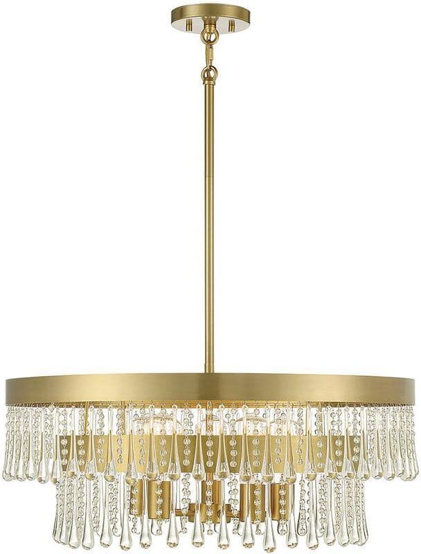 Savoy House Meridian 26 in. W x 10 in. H 6-Light Natural Brass Statement Pendant Light with Clear Crystal Teardrops and Beads