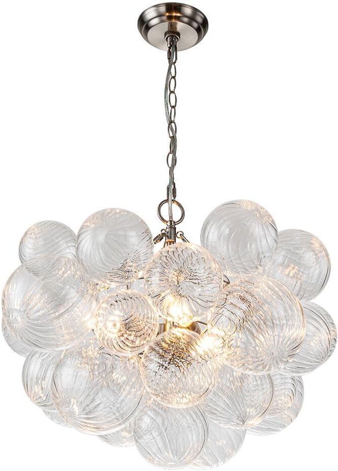 HUOKU Neuvy 24 in.W 3-Light Nickel Bubble, Crystal Cluster, Globe Chandelier with Swirled Glass Shades for Dining Room