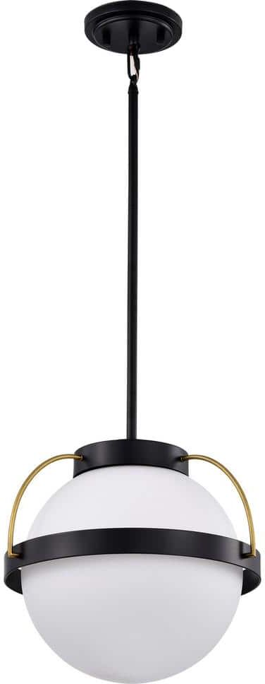 SATCO Lakeshore 60-Watt 1-Light Matte Black Shaded Pendant Light with White Opal Glass Shade and No Bulbs Included