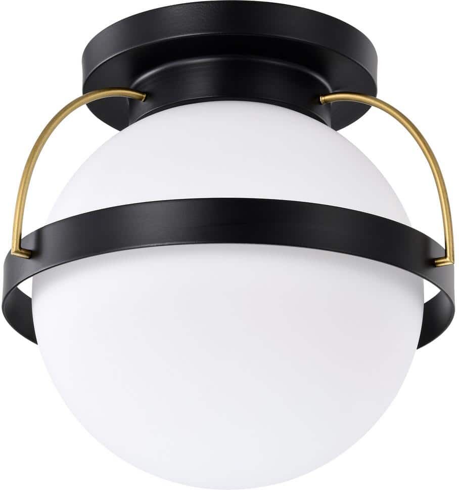 SATCO Lakeshore 13 in. 1-Light Matte Black Transitional Flush Mount with White Opal Glass Shade and No Bulbs Included