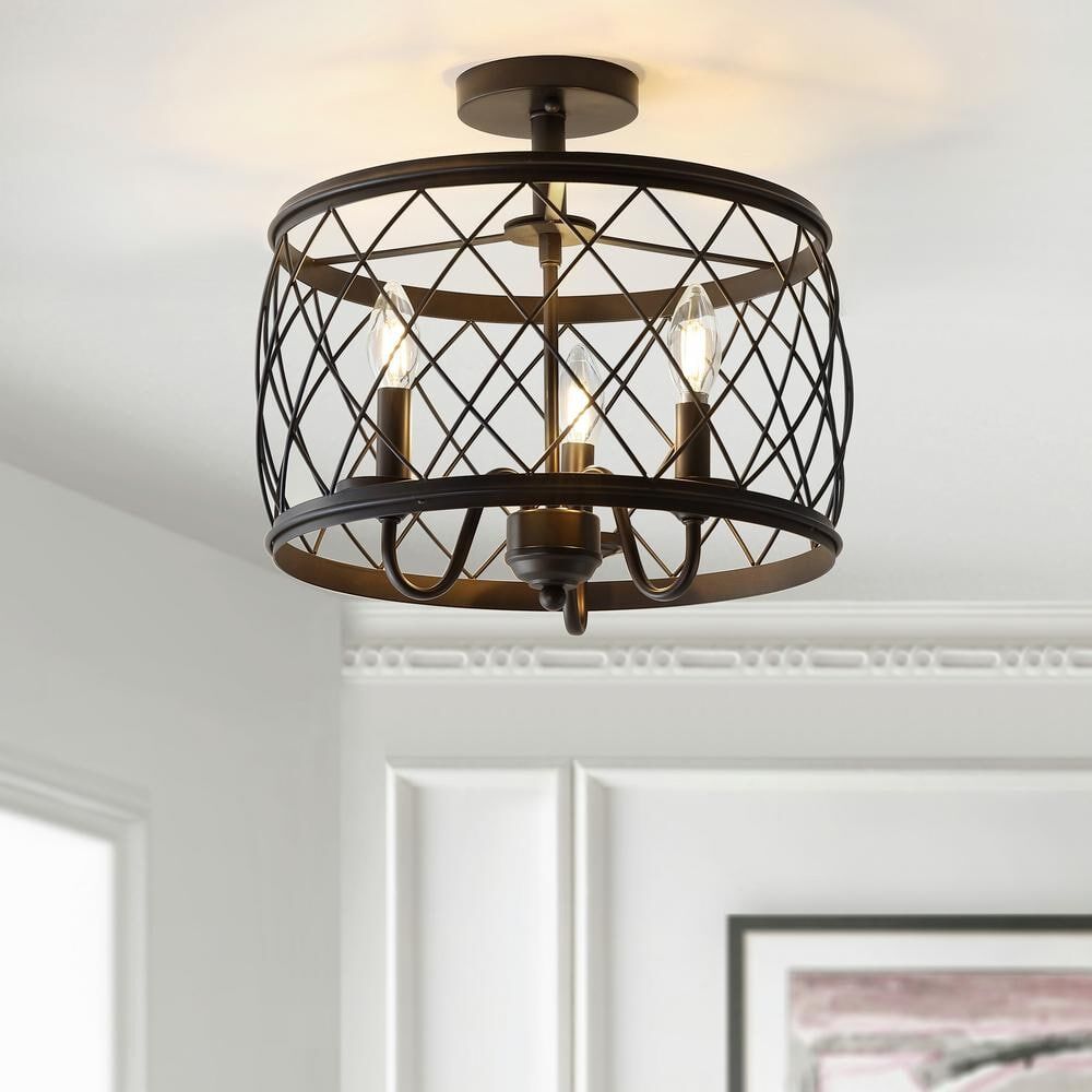 JONATHAN Y Eleanor 15 in. 3-Light Oil Rubbed Bronze Metal LED Semi Flush Mount Ceiling Light