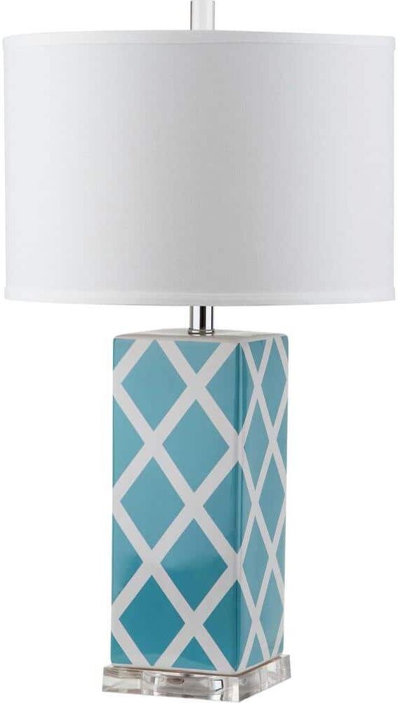 SAFAVIEH Garden 27 in. Light Blue Lattice Ceramic Table Lamp with White Shade