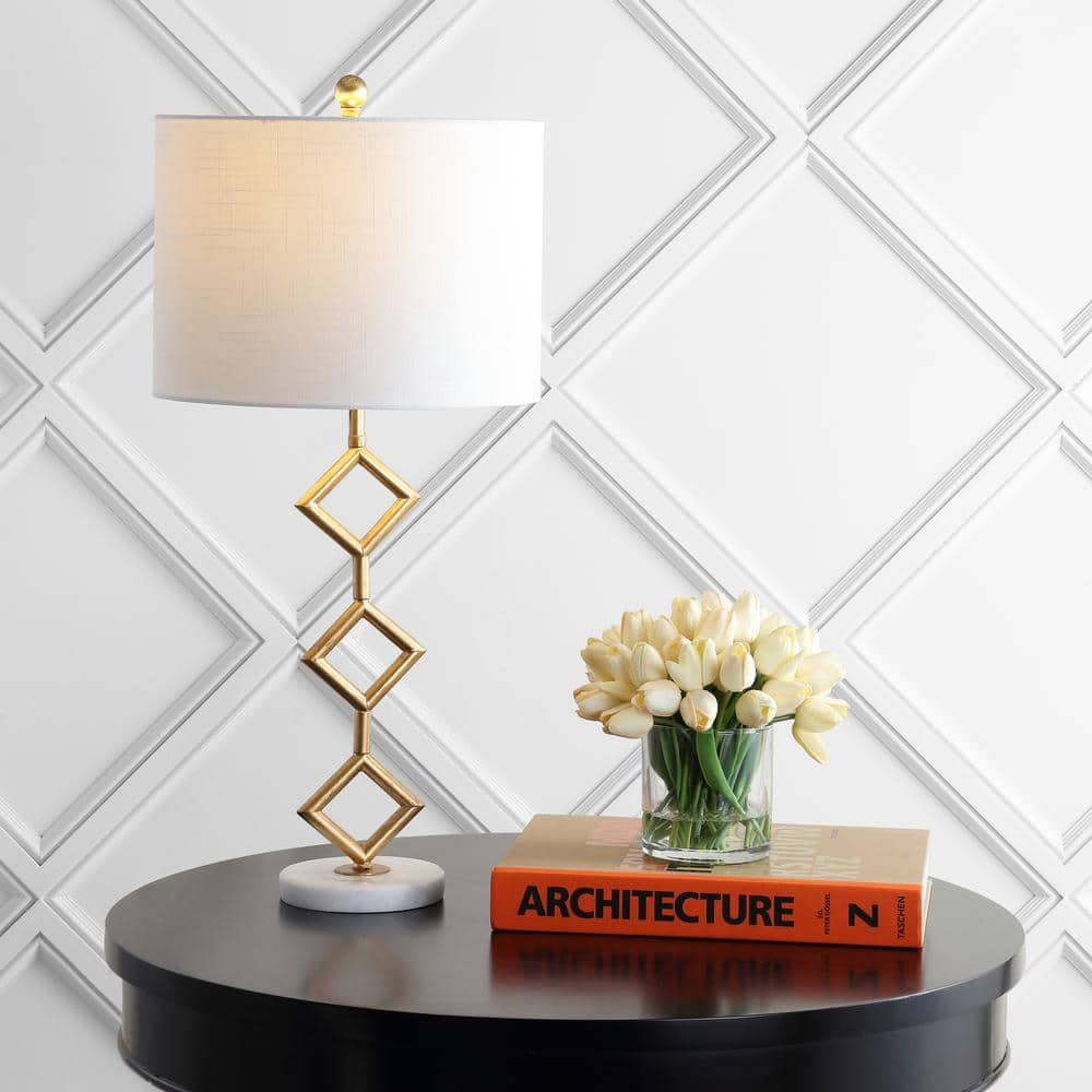 JONATHAN Y Diamante 29.5 in. Modern Gilt Metal with Marble Base LED Table Lamp, Gold/White