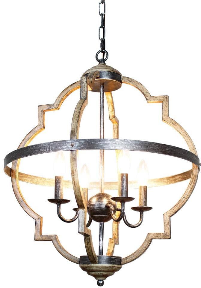 Parrot Uncle 4-Light Distressed Black Farmhouse Globe Cage Candlestick Island Chandelier with Faux Wood Metal Frame