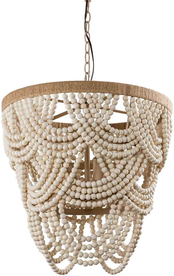 Flint Garden Modern Boho Dining Room Chandelier 4-Light Distressed White Island Chandelier with Wood Beads and Rope