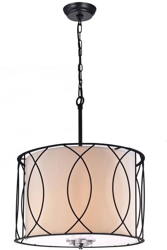 KINWELL 3-Light Black Finish Chandelier with Fabric Shades