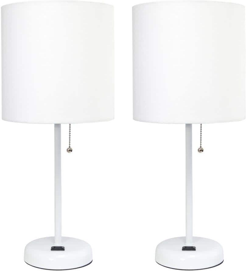 LimeLights 19.5 in. White Stick Lamp with Charging Outlet and Fabric Shade White (2-Pack)