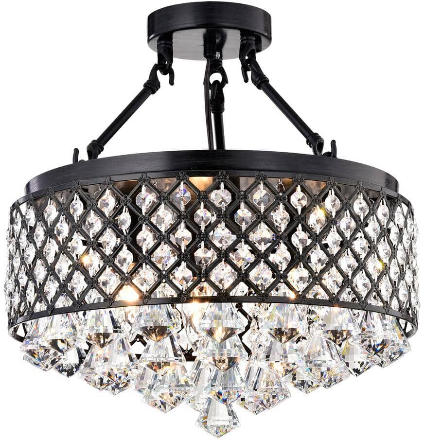 Edvivi Alyvia 4-Light Antique Black Glam Semi-Flush Mount Ceiling Light with Beaded Crystal Drum Shade