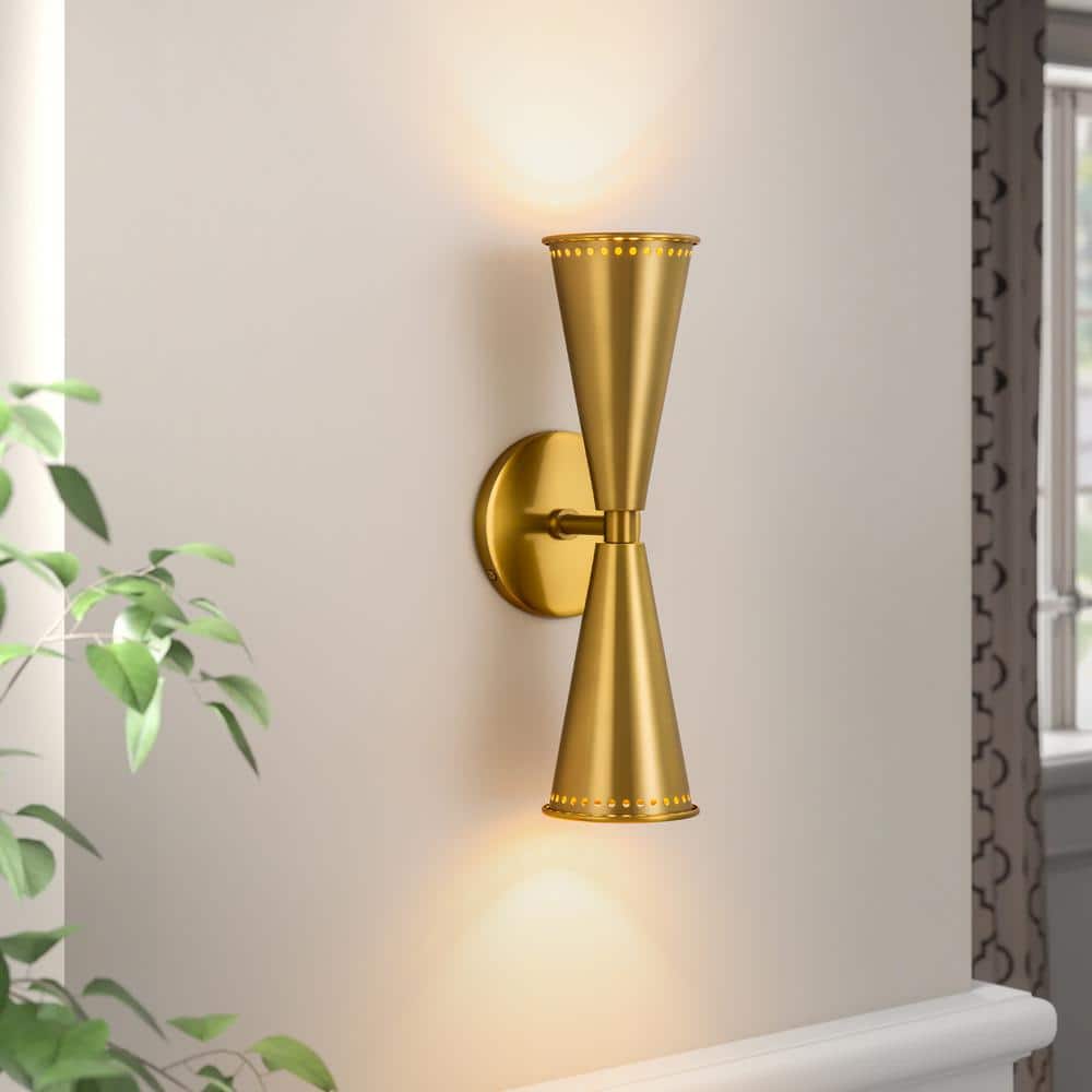 RRTYO Barrett 2-Light Brass Up and Down Dual Cone Dimmable Vanity Light Horn Hourglass Pinhole Wall Sconce