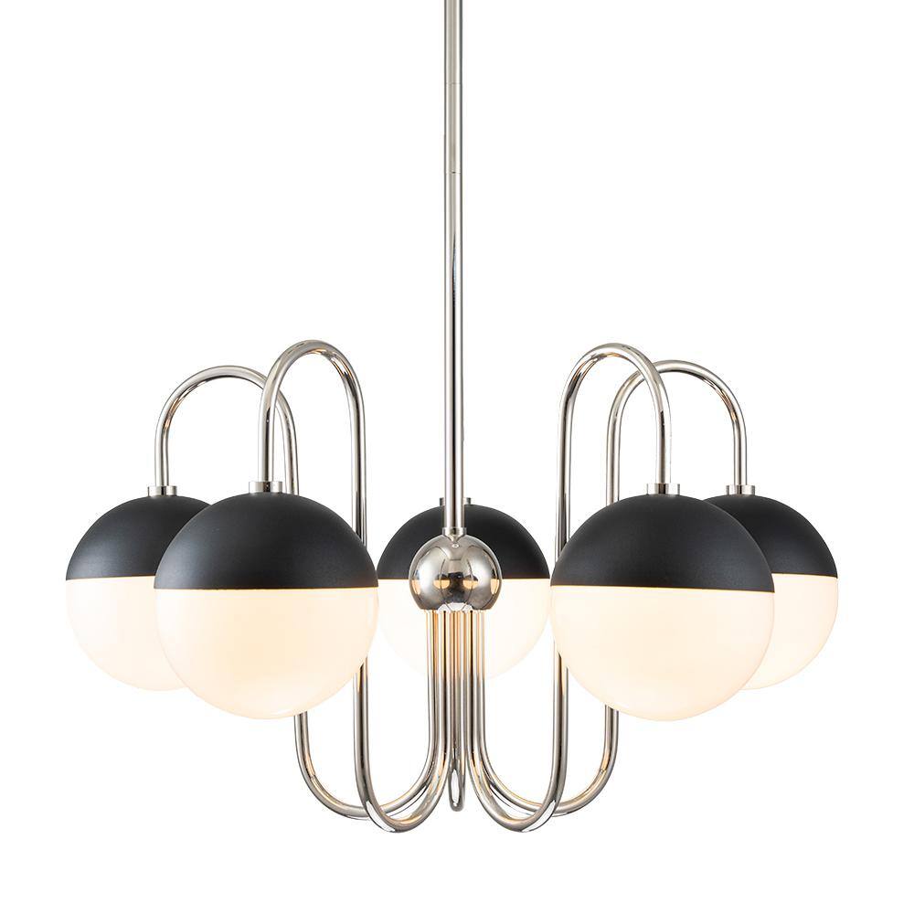 HUOKU Goouu 28.3-in.W 5-Light Polished Nickel/Black Large Classic Chandelier with Milk White Glass Shades for Dining Room