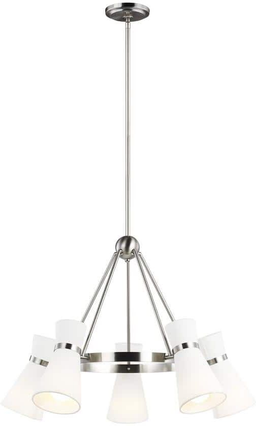 Generation Lighting Clark 5-Light Brushed Nickel Chandelier With White Linen Shades and LED Light Bulbs