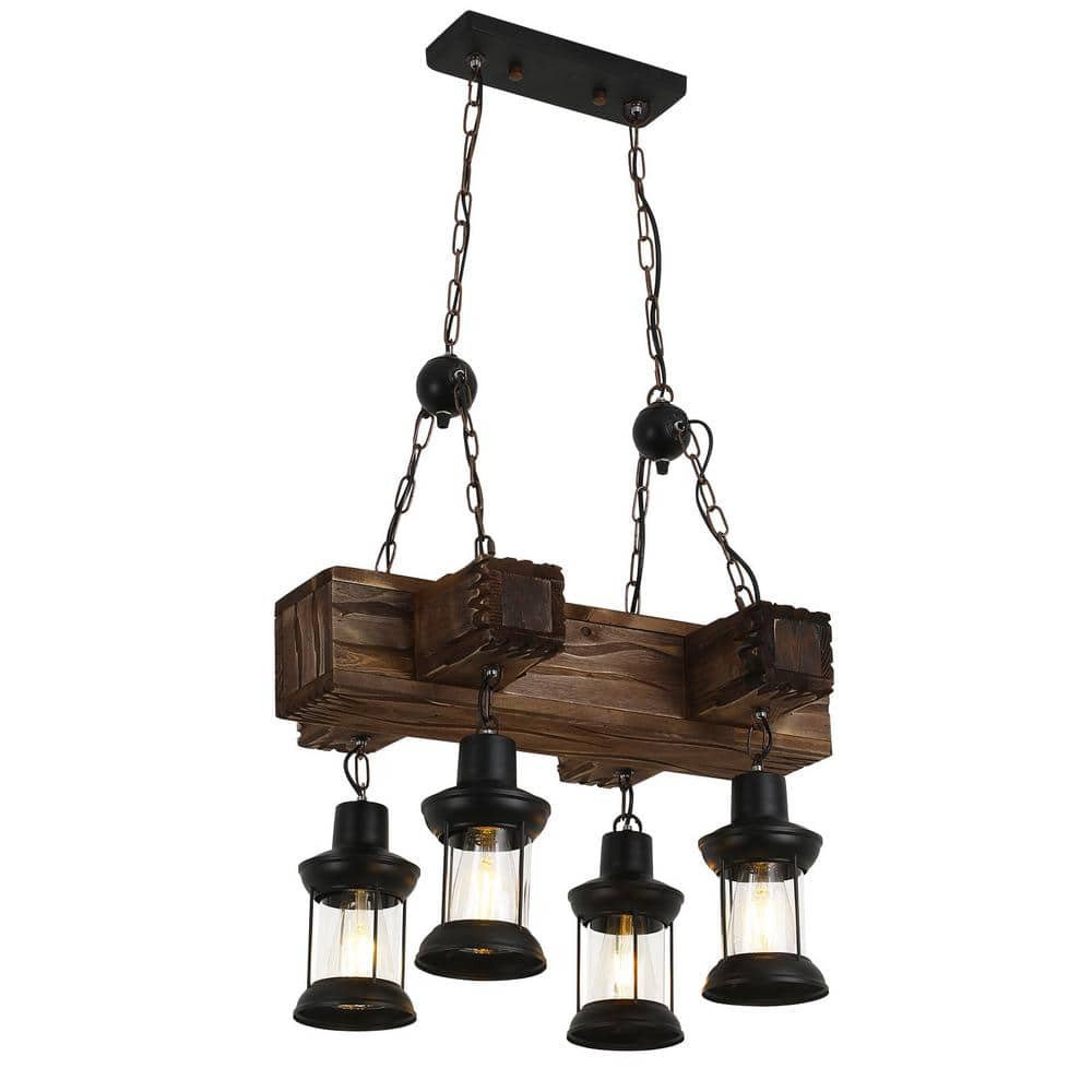 OUKANING Vintage Industrial 4-Light Wooden Hanging Pendant Light Brown