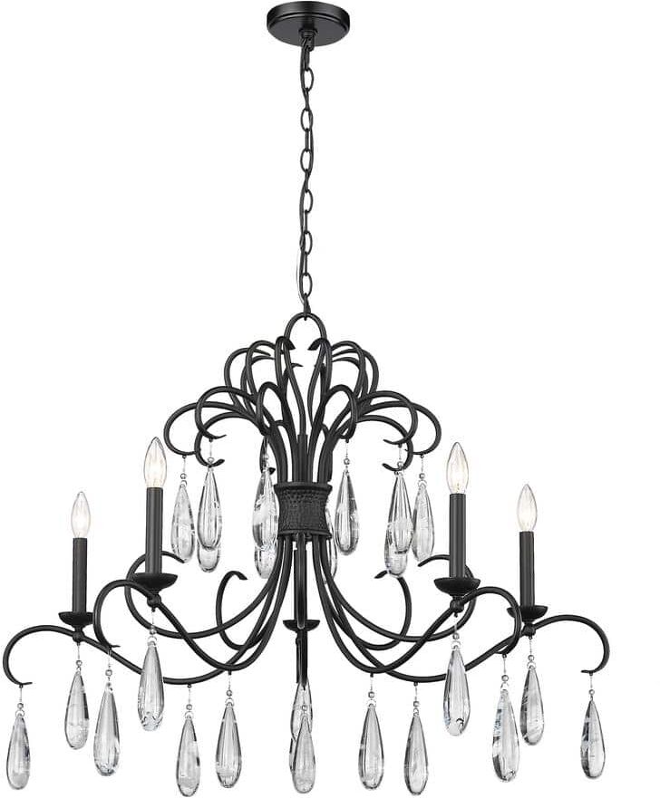 Amara 5-Light Matte Black Crystal Chandelier Light with No Bulbs Included