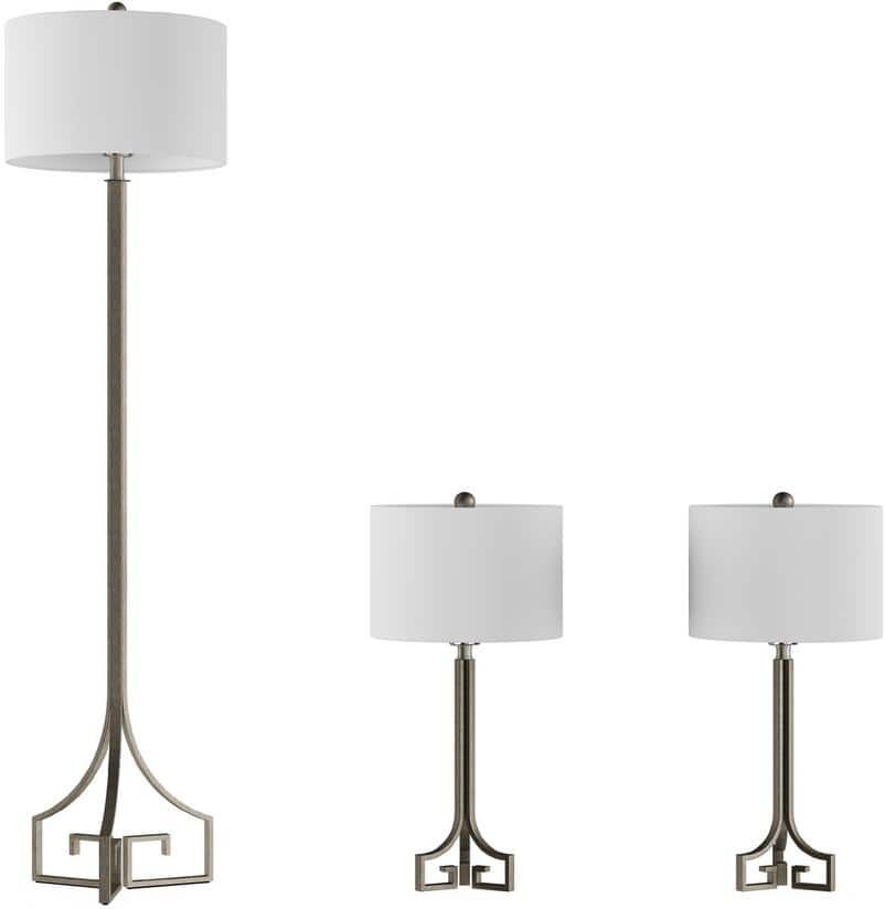 Lavish Home 28.75 in. Antique Silver Greek Key Design LED Table Lamps and 64 in. Floor Lamp with Ivory Shades (Set of 3)