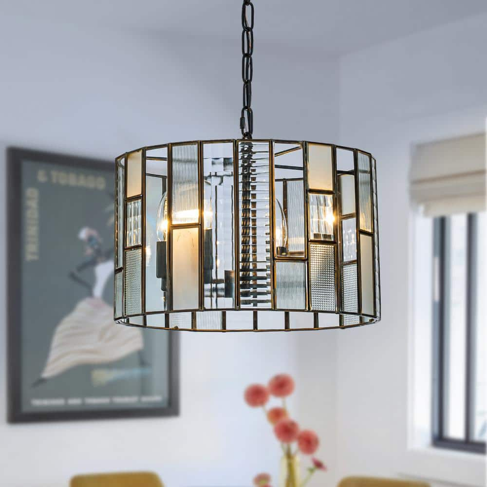 ALOA DECOR 14 in. 4-Light Farmhouse Glass Lantern Drum Chandelier Mini Pendant-Light in Matte Black