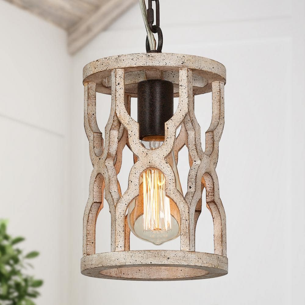 LNC Farmhouse 1-Light Rustic Bronze Drum Pendant Light with Wooden Open Cage Frame