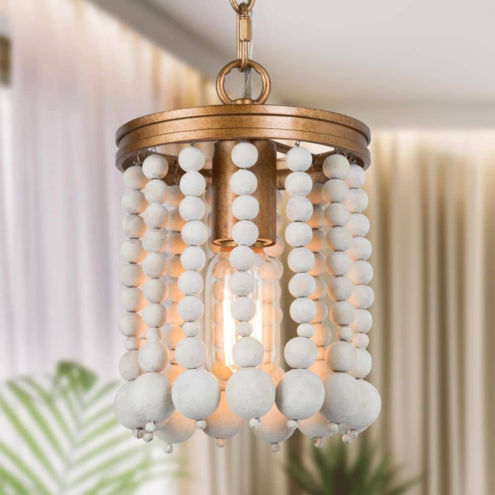 Uolfin Modern Farmhouse Kitchen Island Pendant Light 1-Light Antique Gold Boho Pendant Light with White Wooden Beads