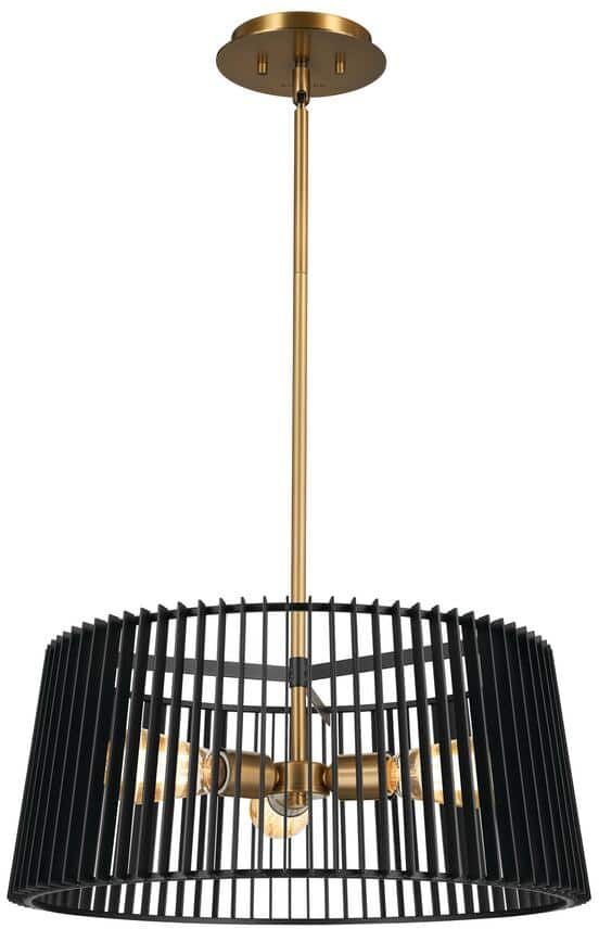 KICHLER Linara 3-Light Black and Natural Brass Mid Century Modern Cage Kitchen Convertible Pendant Hanging Light to Semi-Flush