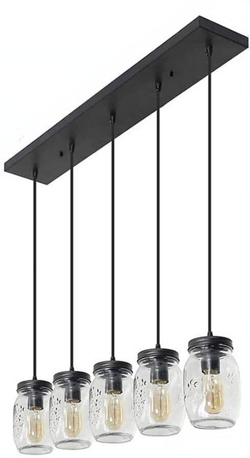 OUKANING 40-Watt 5-Light Black Glass Mason Jar Island Pendant Light with Clear Glass Shade, No Bulbs Included