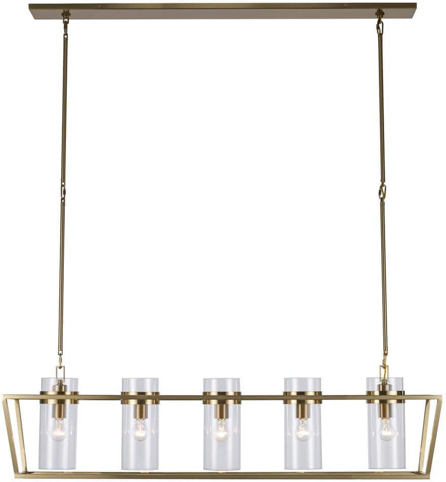 Bel Air Lighting Rael 5-Light Antique Gold Linear Kitchen Island Pendant Light Fixture with Clear Glass Shades