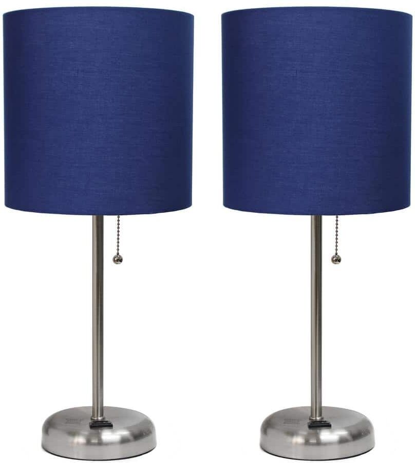 LimeLights 19.5 in. Brushed Steel and Navy Stick Lamp with Charging Outlet and Fabric Shade (2-Pack)