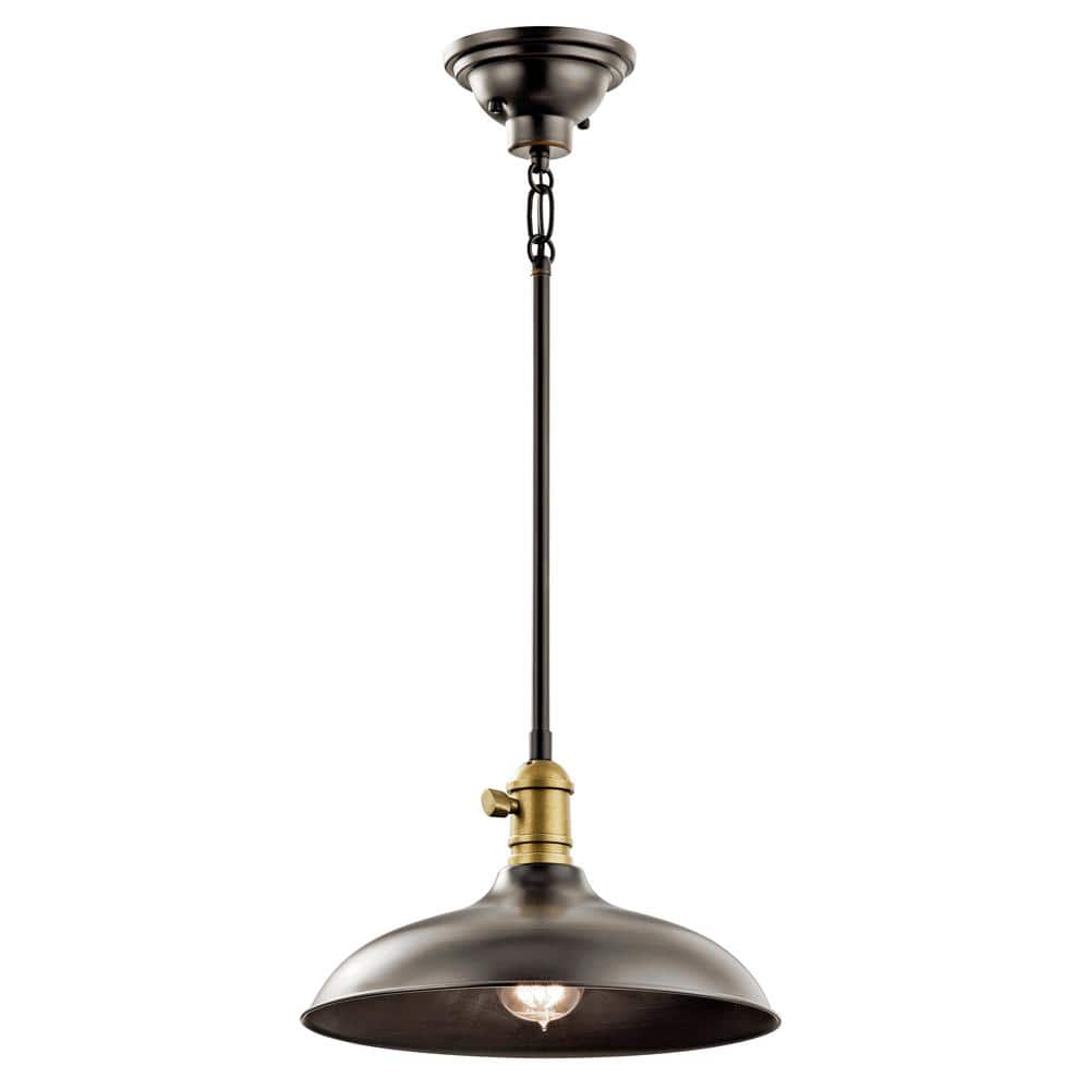 KICHLER Cobson 12 in. 1-Light Olde Bronze Vintage Industrial Shaded Kitchen Convertible Pendant Hanging Light to Semi-Flush