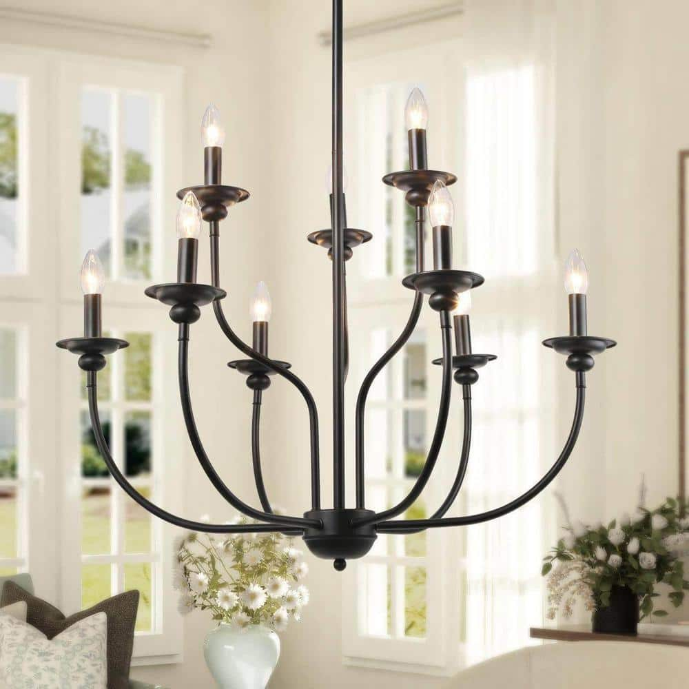 LNC Modern Black Dining Room Candlestick Chandelier 9-Light Living Room Rustic Pendant for Bedroom Kitchen Table Staircase