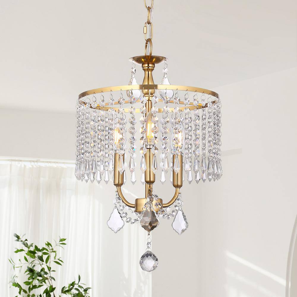 pasentel Modern 3-Light Gold Drum Hanging Chandelier with Clear Glass K9 Crystals