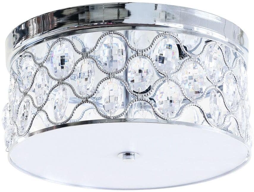 Flint Garden 14 in. 3-Light Chrome Drum Shape Flush Mount Light with Crystals