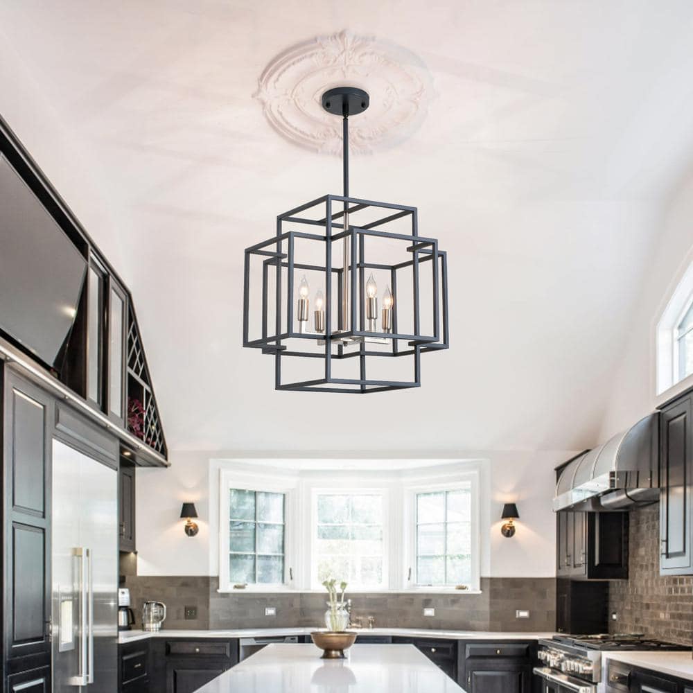 Magic Home 4-Light Modern Square Chandelier Lantern Pendant Lighting Fixture for Kitchen, Dining Room, Black and Brushed Nickel