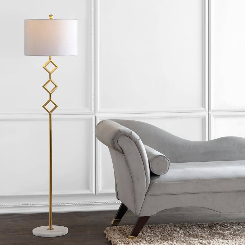 JONATHAN Y Diamante 61.5 in. Modern Gilt Metal with Marble Based LED Floor Lamp, Gold/White