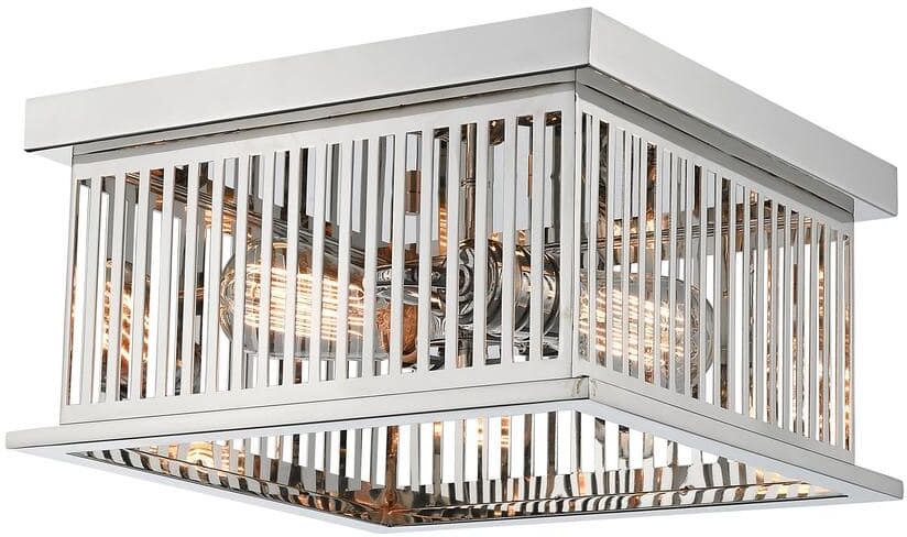 Camellia 12 in. 2-Light Polished Nickel Flush Mount Light with Polished Nickel Steel Shade with No Bulbs Included