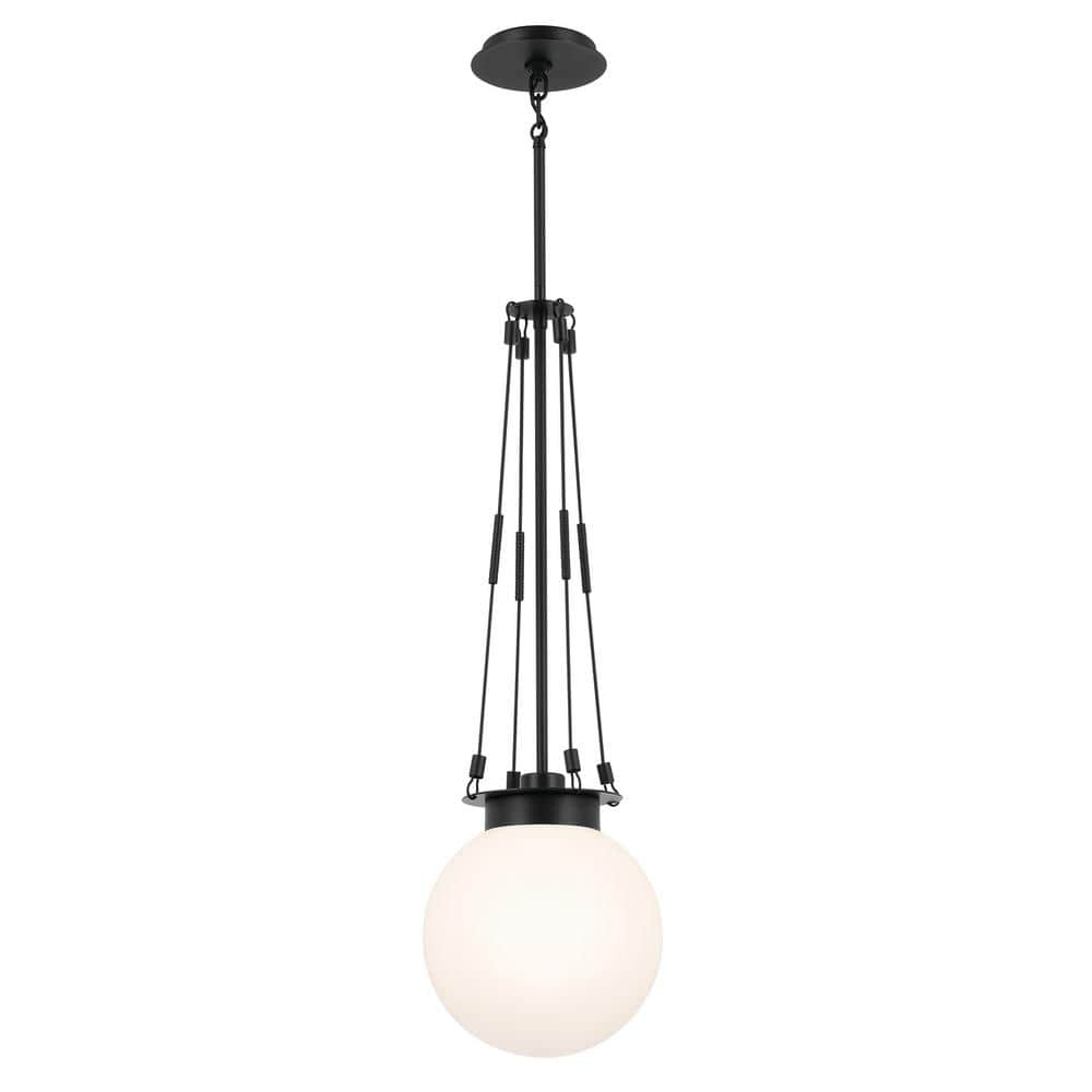 KICHLER Albers 10.5 in. 1-Light Black Modern Kitchen Island Pendant Hanging Light with Opal Glass
