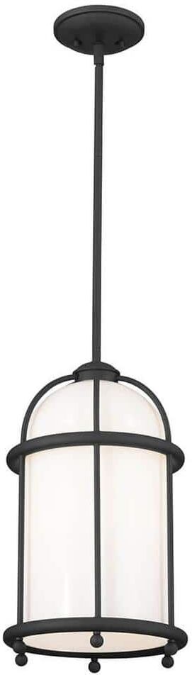 KICHLER Topiary 1-Light Textured Black Vintage Cage Kitchen Pendant Hanging Light with Opal Glass Shade