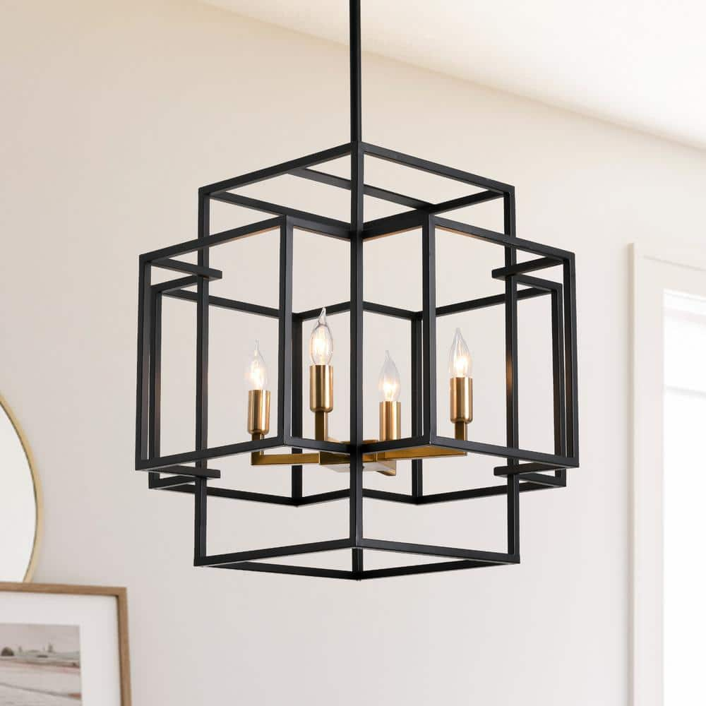 Magic Home 4-Light Lantern Tiered Pendant Light Fixture Industrial Hanging Chandelier for Foyer Living Room Kitchen, Black and Gold