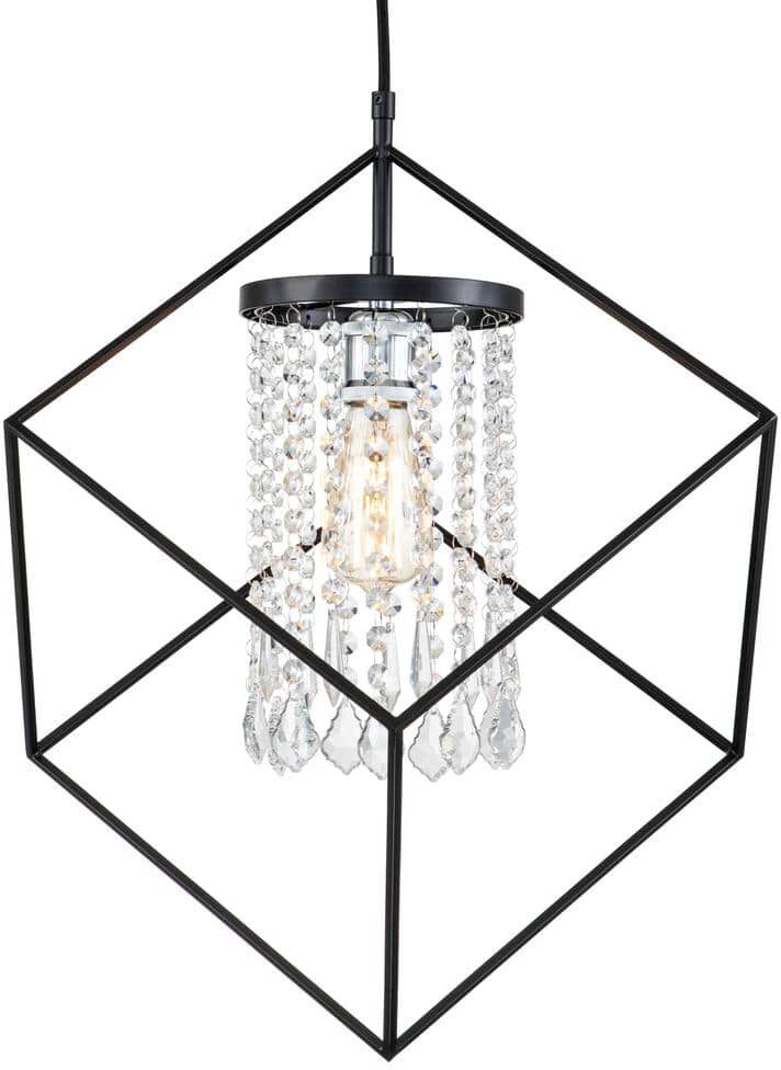 C Cattleya 1-Light Black Cube Pendant Light with Cylinder Crystal Beads Shade