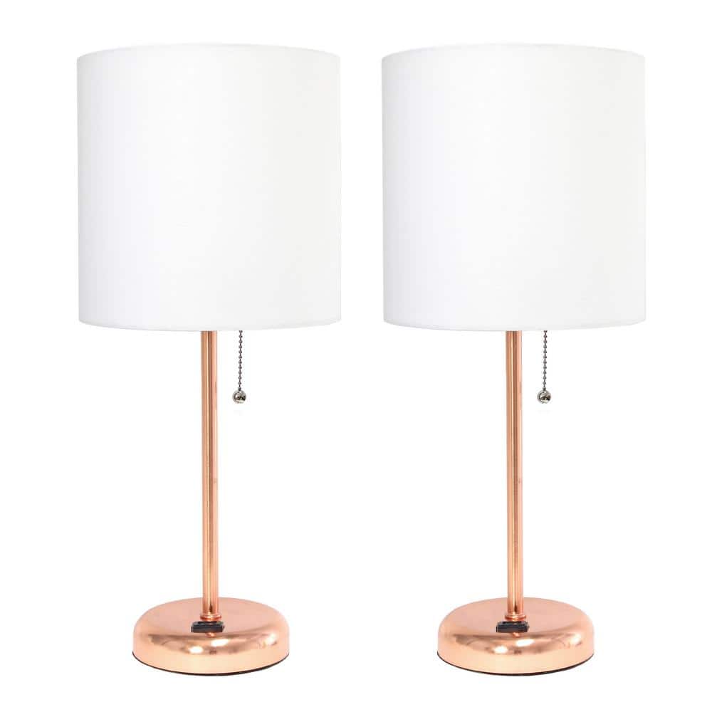 LimeLights 19.5 in. Rose Gold Stick Lamp with Charging Outlet and Fabric Shade White (2-Pack)
