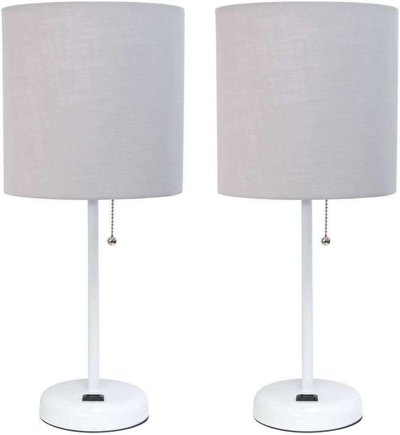 LimeLights 19.5 in Grey and White Stick Lamp with Charging Outlet and Fabric Shade