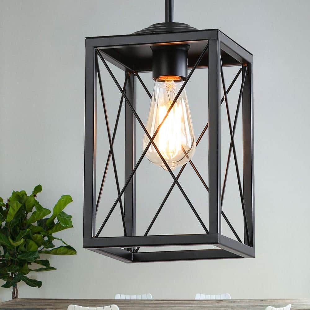 YANSUN 1-Light Modern Black Kitchen Island Pendant Light with Metal Cage,Industrial Pendant for Cafe Bar Dining Table