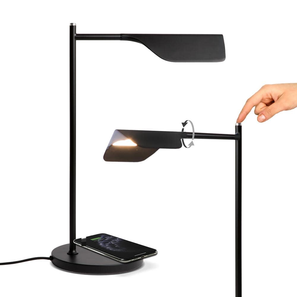 Brightech Leaf 16 in. Classic Black Dimmable LED Contemporary Desk Lamp with Wireless Charging Pad and Adjustable Lamp Head
