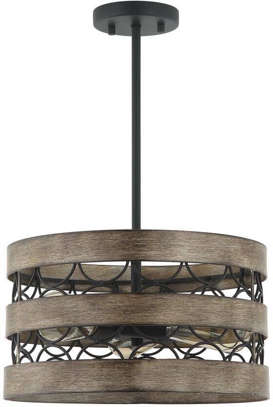 Flint GARDEN Farmhouse 3-Light Matte Black Drum Chandelier with Antique Wood Accents