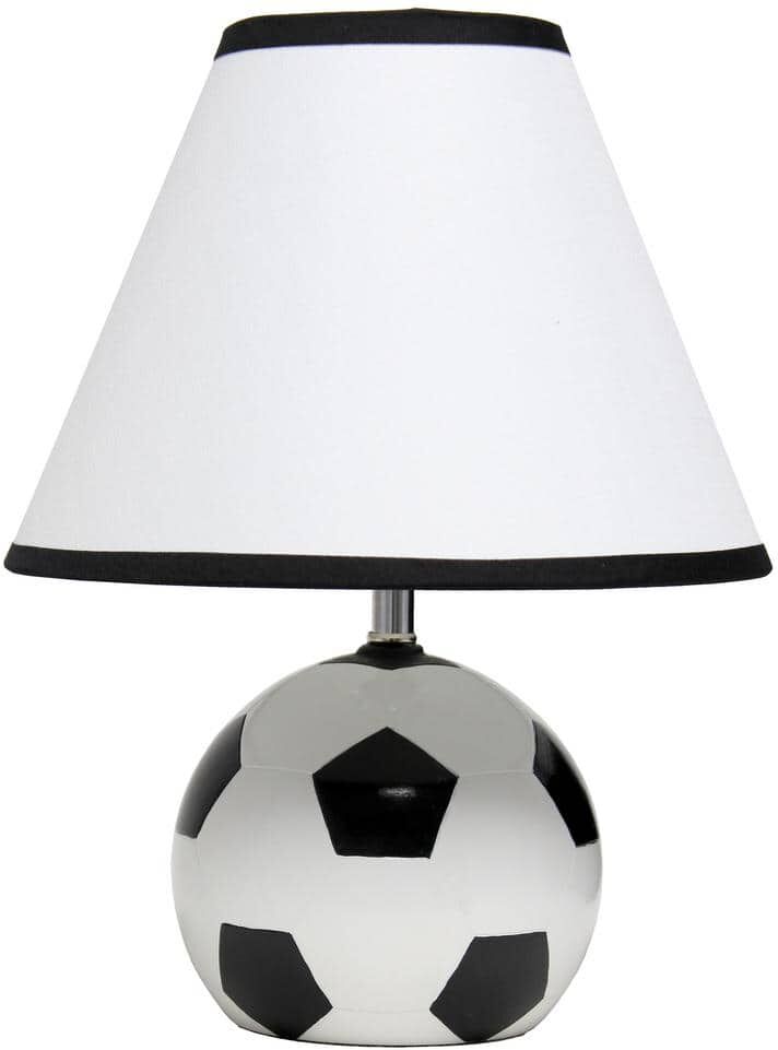 Simple Designs 11.5 in. Black and White Soccer Ball Base Ceramic Bedside Table Desk Lamp with White Empire Fabric Shade with Black Trim