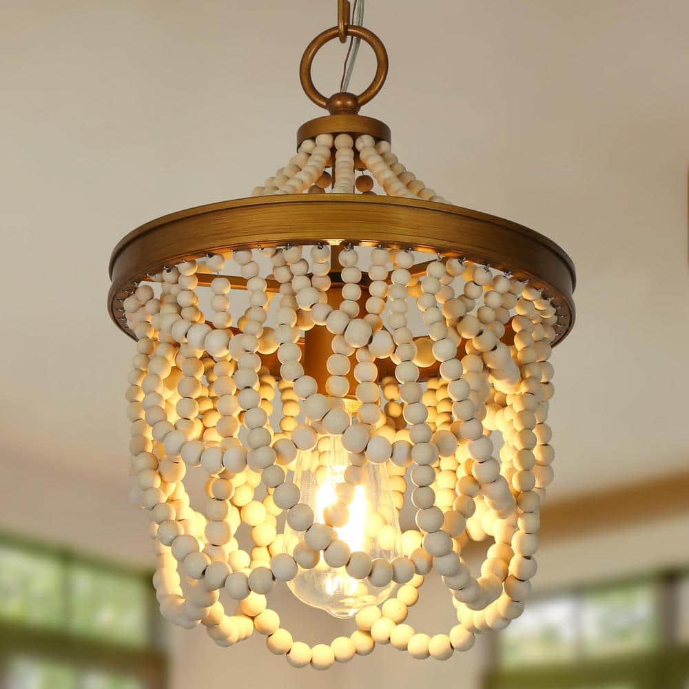Uolfin Farmhouse Kitchen Island Beaded Pendant Light 1-Light Antique Gold Bohemia Pendant Light with White Wood Beads