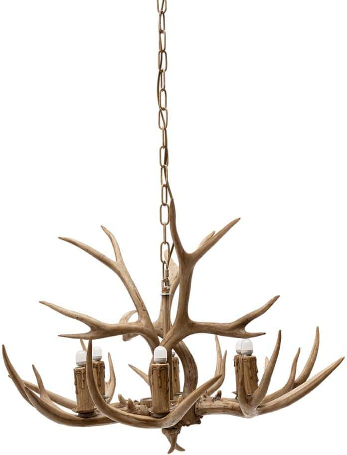 OUKANING 6-Light Vintage Brown Resin Antler Chandelier Deer Horn Hanging Countryside Light